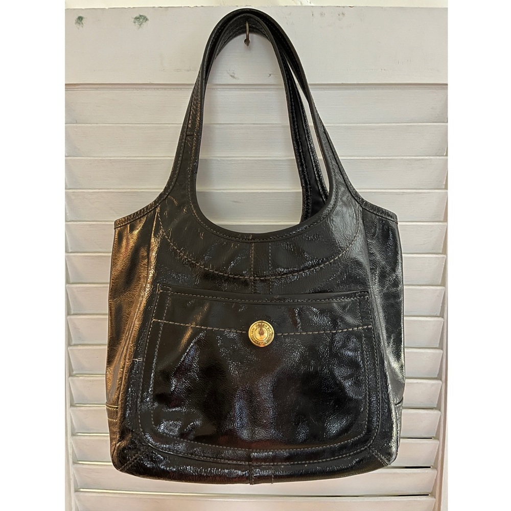 Coach Black Patent Leather Signature Stripe Bag
